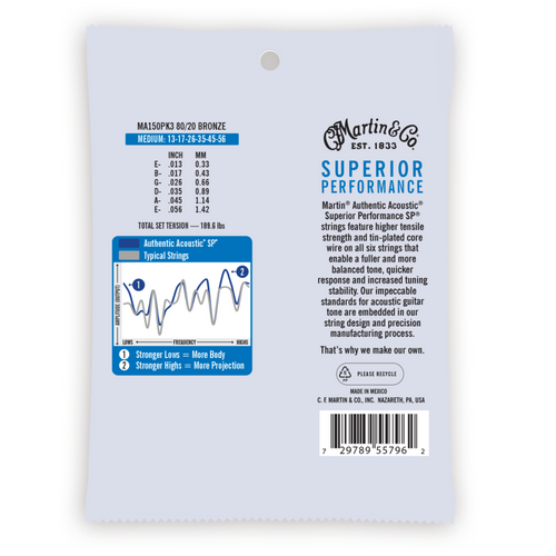 Martin 3 Pack 13-56 Medium Authentic Acoustic SP 80/20 Bronze Guitar Strings
