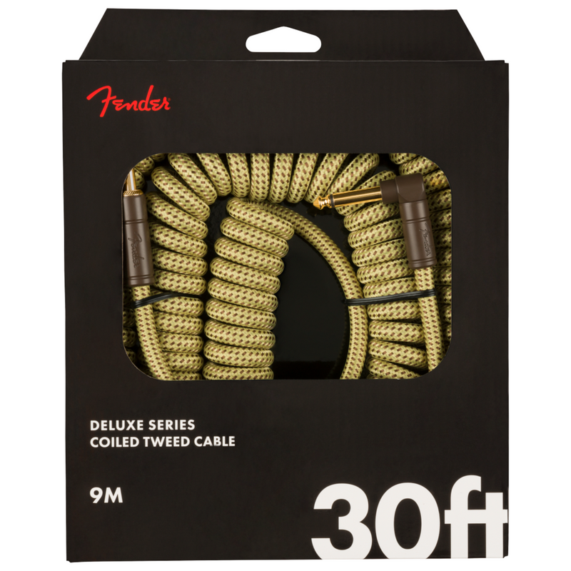 Fender 30' Deluxe Series Coil Cable, Straight/Angle, Tweed Guitar Cable