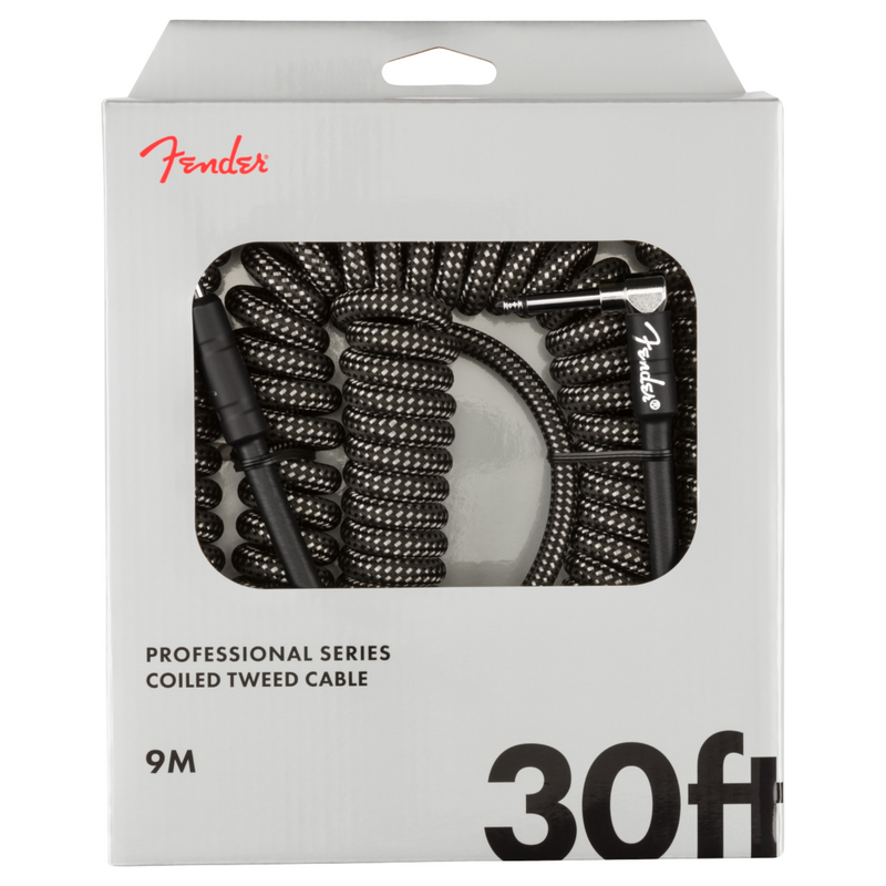 Fender 30' Professional Series Coil Cable, Straight/Angle, Gray Tweed Guitar Cable