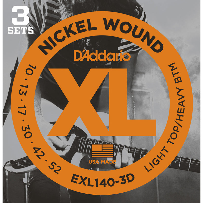 D'Addario 10-52 Light Top Heavy Bottom Nickel Wound Electric Strings - 3-Pack