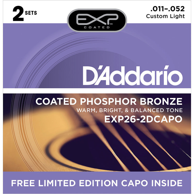 D'Addario 11-52 Phosphor Bronze Custom Light 2Pk. With Free Capo