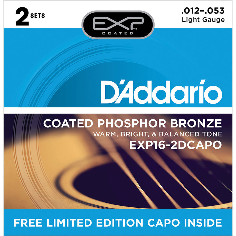 D'Addario 12-53 Phosphor Bronze Light 2-Pack With Free Capo