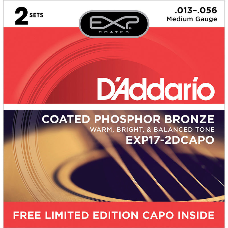 D'Addario 13-56 Phosphor Bronze Medium 2Pk. With Free Capo
