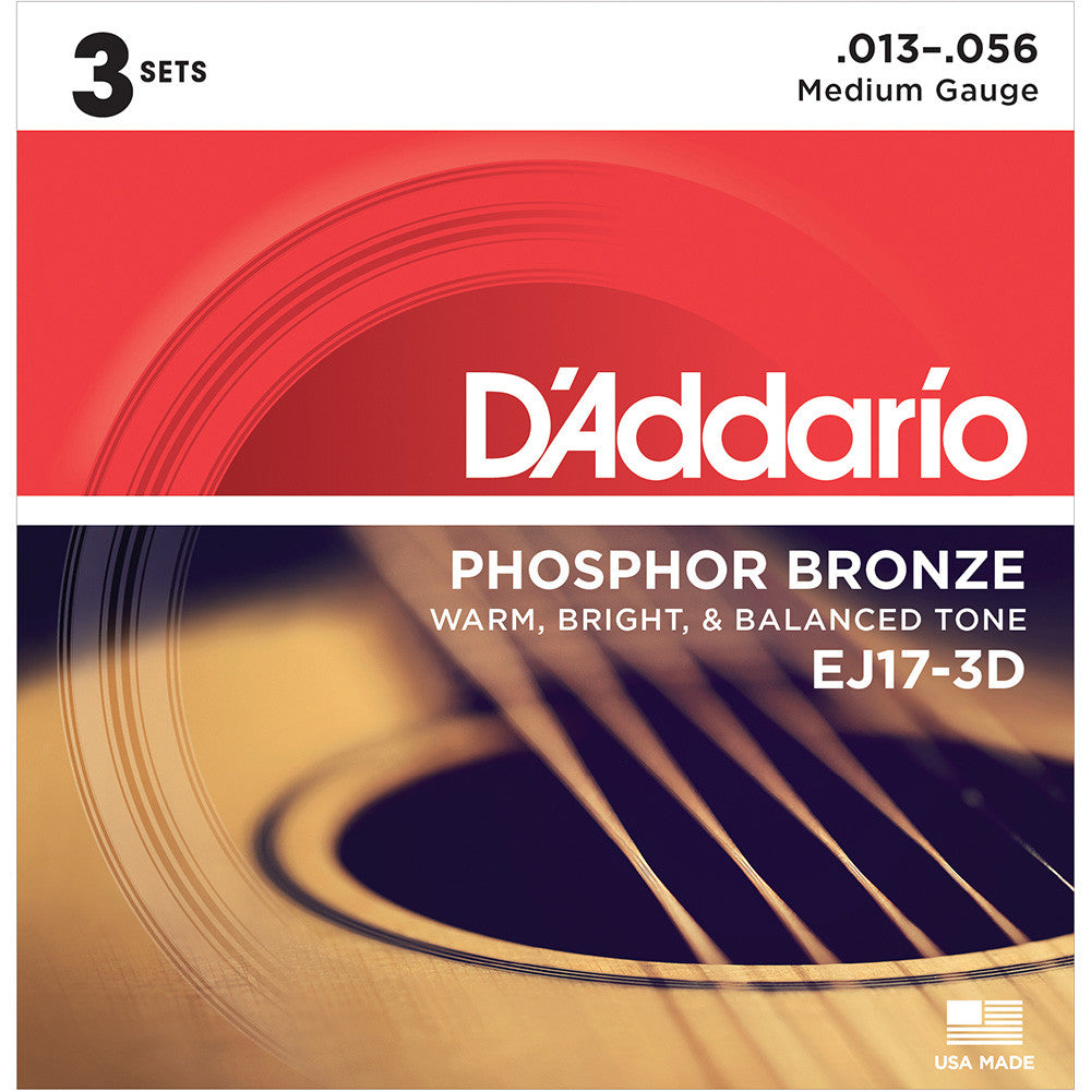D'Addario 13-56 Phosphor Bronze Medium Acoustic - 3-Pack With Guitar Humidifier