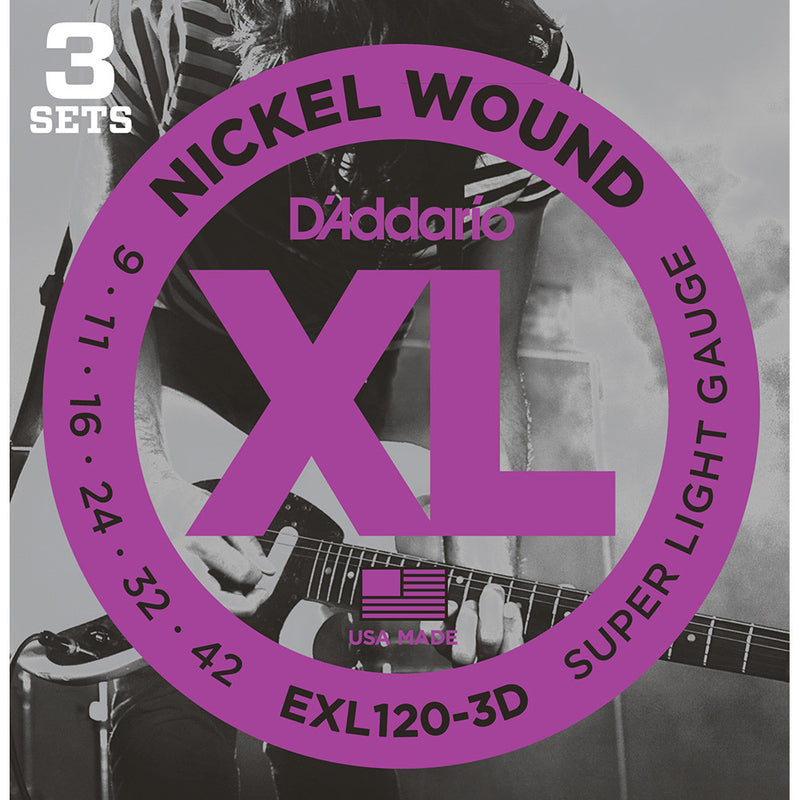D'Addario 9-42 Nickel Super Light Electric, 3-Pack With Pick Holder