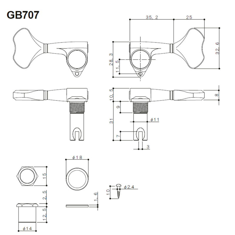 Gotoh GB707 Black Treble Side Bass Tuning Key, Single