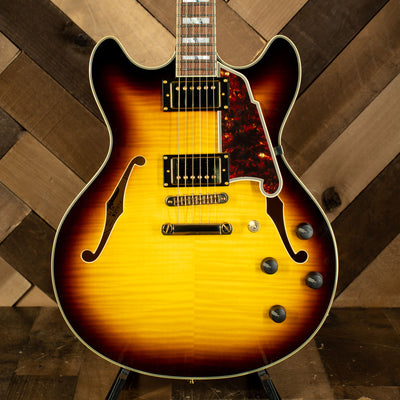 2020 D'Angelico Excel DC Semi-Hollow Electric Guitar, Vintage Sunburst with Hard Case - Used