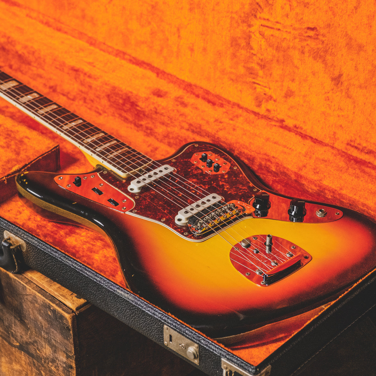 1966 Fender Jaguar Electric Guitar, 3 Color Sunburst, Original Hardshell Case & Parker Body Guard - Vintage