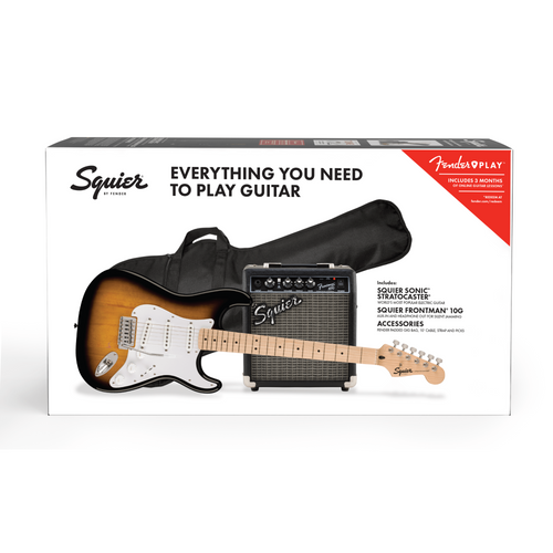 Squier Sonic Stratocaster Pack, Maple Fingerboard, 2-Color Sunburst, Gig Bag, 10G - 120 Electric Guitar