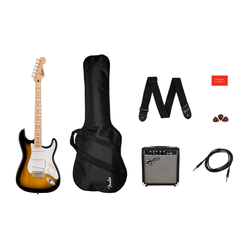 Squier Sonic Stratocaster Pack, Maple Fingerboard, 2-Color Sunburst, Gig Bag, 10G - 120 Electric Guitar