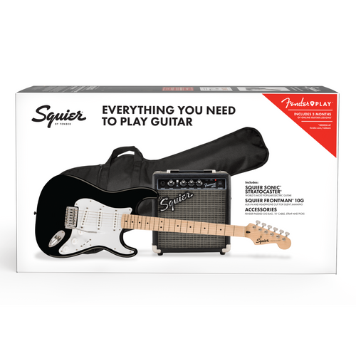 Squier Sonic Stratocaster Pack, Maple Fingerboard, Black, Gig Bag, 10G - 120V Electric Guitar
