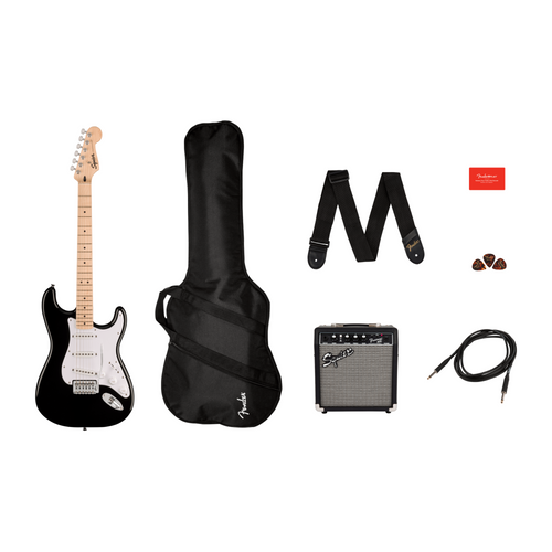 Squier Sonic Stratocaster Pack, Maple Fingerboard, Black, Gig Bag, 10G - 120V Electric Guitar