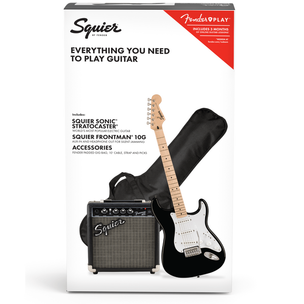 Squier Sonic Stratocaster Pack, Maple Fingerboard, Black, Gig Bag, 10G