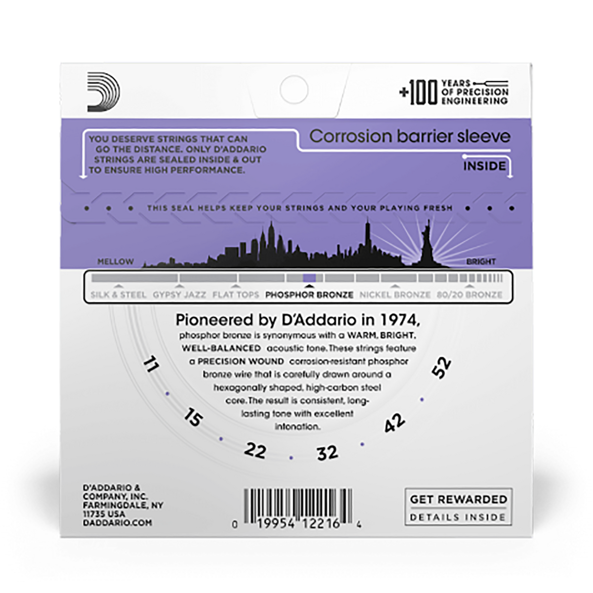 D'Addario 10 Pack EJ26 Phosphor Bronze Acoustic Strings, Custom Light, 11-52