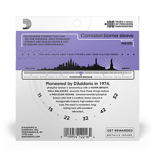 D'Addario 10 Pack EJ26 Phosphor Bronze Acoustic Strings, Custom Light, 11-52