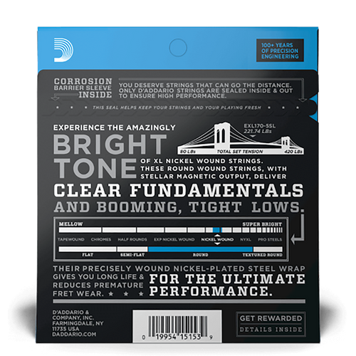 D'Addario 45-130 Light 5 String Nickel Wound Bass Strings, Super Long Scale