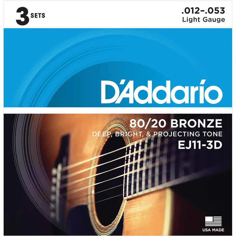 D'Addario EJ11 80/20 Bronze Acoustic Guitar Strings - Light - 12-53 - 3 Sets