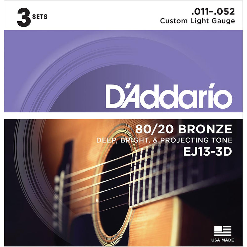 D'Addario EJ13 80/20 Bronze Acoustic Guitar Strings - Custom Light - 11-52 - 3 Sets