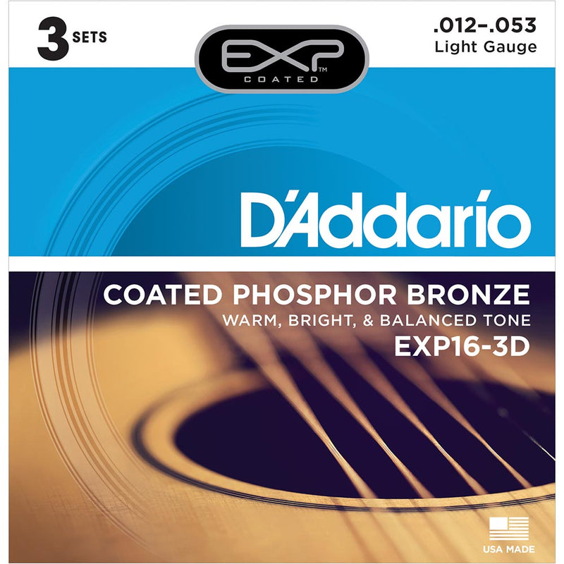 D'Addario EXP16 Coated Phosphor Bronze Acoustic Guitar Strings - Light - 12-53 - 3 Sets