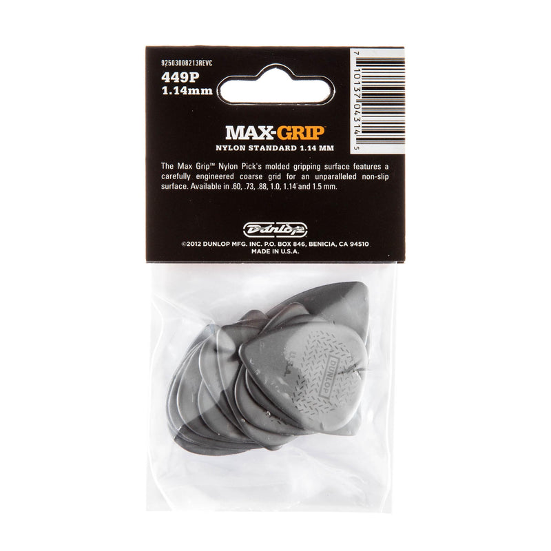 Dunlop 1.14 Gray Nylon Max Grip Standard Picks 12 Pack
