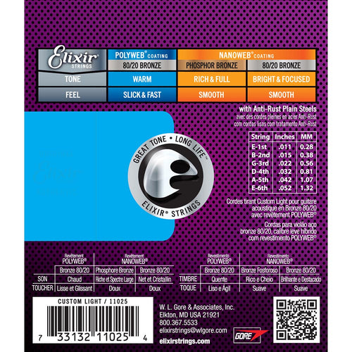 Elixir Custom Light 11-52 Polyweb 80/20 Bronze