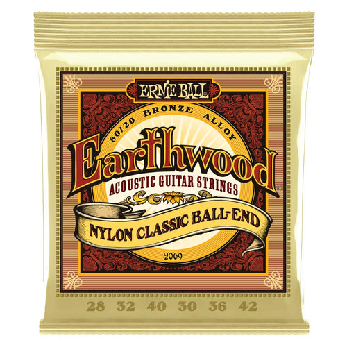 Ernie Ball 28-42 Earthwood 80/20 Bronze Acoustic Strings, Folk Nylon w/Gold Ball End
