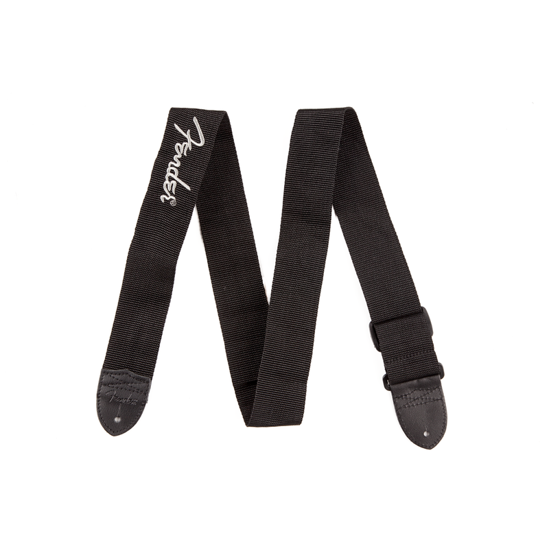 Fender 2 Inch Black Polyester Strap, Grey Fender Logo