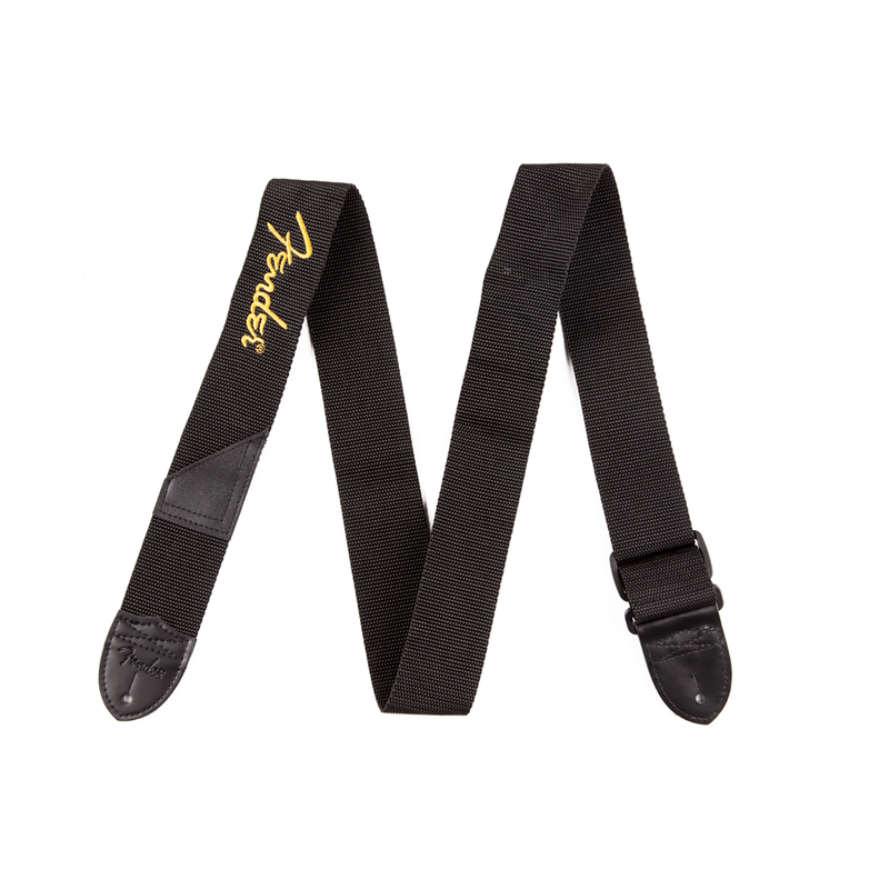 Fender 2 Inch Black Polyester Strap, Yellow Fender Logo