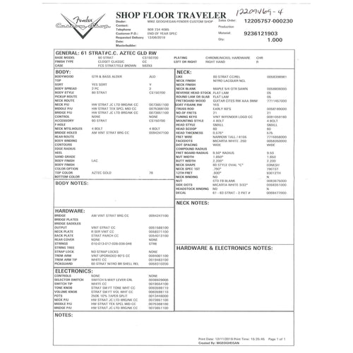 Fender Custom Shop '61 Stratocaster Closet Classic Aztec Gold