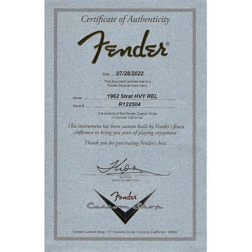 Fender Custom Shop '62 Stratocaster Electric Guitar, Heavy Relic, Lake Placid Blue