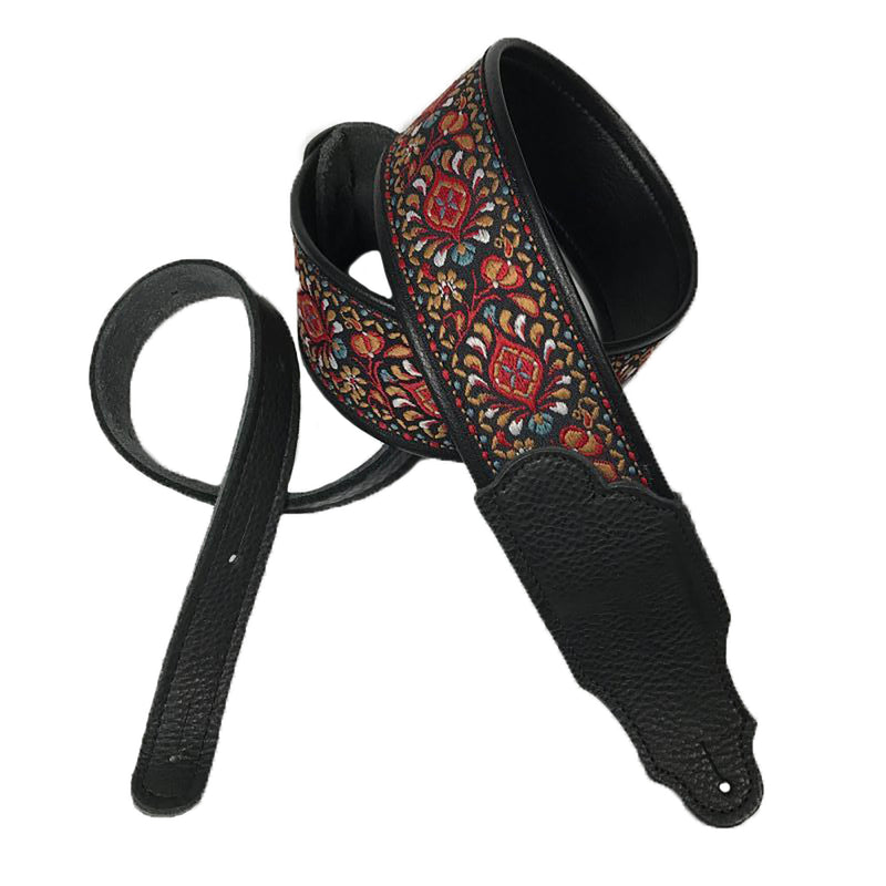 Franklin Strap 2.5'' Woven Retro Folk Pattern With Leatherette Backing, Red/Bronze