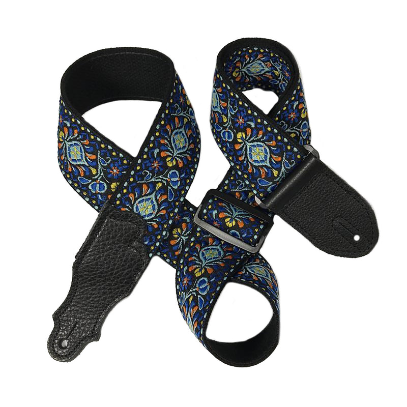 Franklin Strap 2'' Retro Folk With Woven Cotton Backing And Black Leather Ends, Orange/Blue