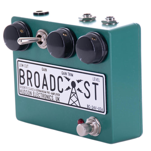 Hudson Electronics Broadcast 24 Volt Discrete Class-A Germanium Pre-Amplifier Effect Pedal, Turquoise Green