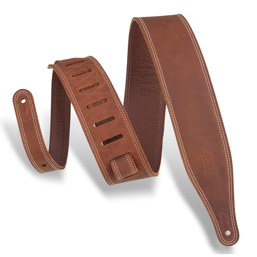 Levys 2 1/2 Inch Butter Double Stitch Guitar Strap Pull Up Leather Brown