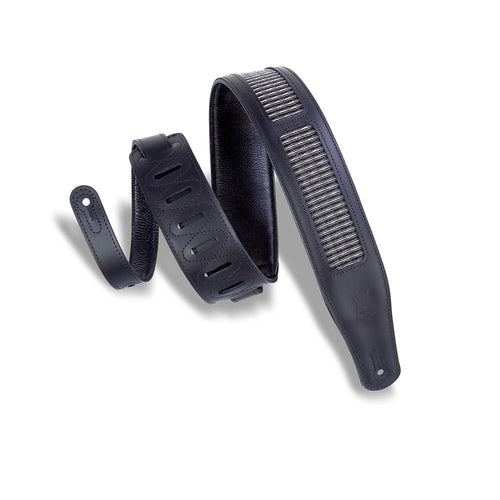 Levys 2 1/2 Inch Chrome Tan Black Leather Guitar Strap, Black With Metallic Grill