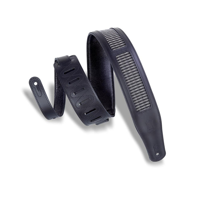 Levys 2 1/2 Inch Chrome Tan Black Leather Guitar Strap, Black With Metallic Grill