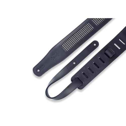 Levys 2 1/2 Inch Chrome Tan Black Leather Guitar Strap, Black With Metallic Grill