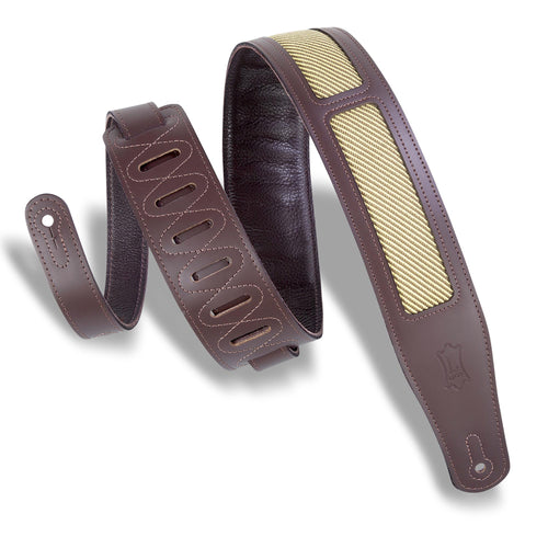 Levys 2 1/2 Inch Chrome Tan Leather Guitar Strap, Padded Dark Brown With Brown