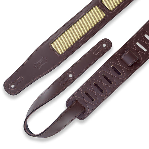 Levys 2 1/2 Inch Chrome Tan Leather Guitar Strap, Padded Dark Brown With Brown