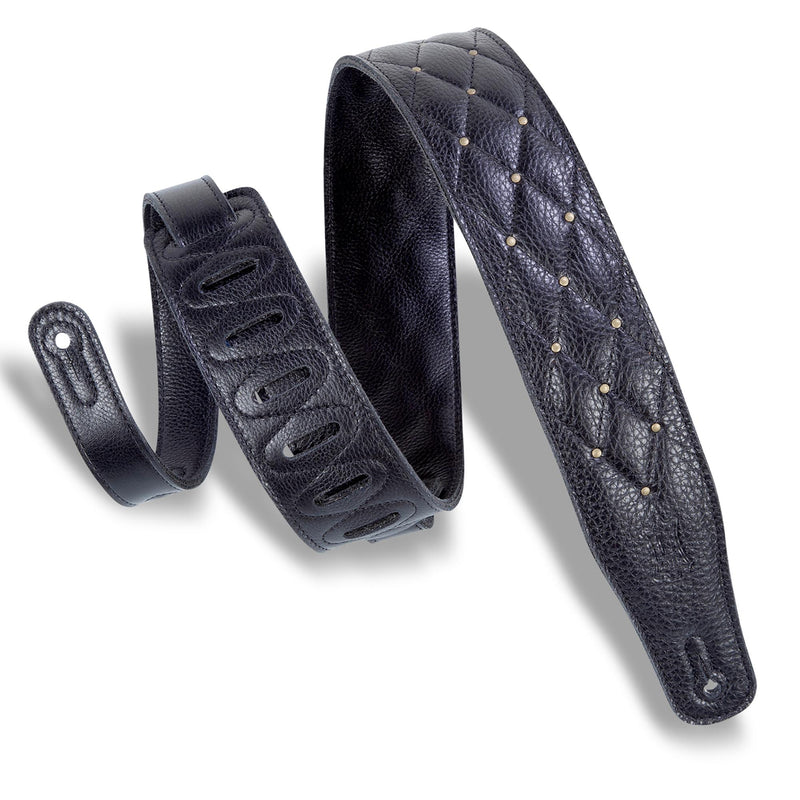Levys 2 1/2 Inch Garment Leather Guitar Strap, Diamond Quilt Black With Antique Brass Riv