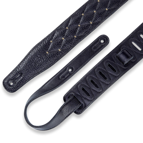 Levys 2 1/2 Inch Garment Leather Guitar Strap, Diamond Quilt Black With Antique Brass Riv
