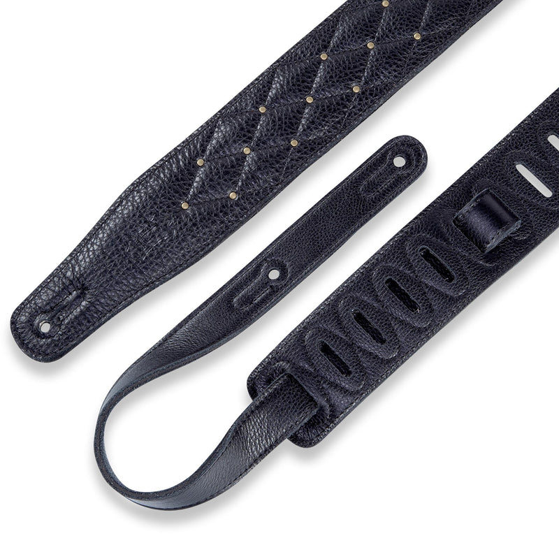 Levys 2 1/2 Inch Garment Leather Guitar Strap, Diamond Quilt Black With Antique Brass Riv