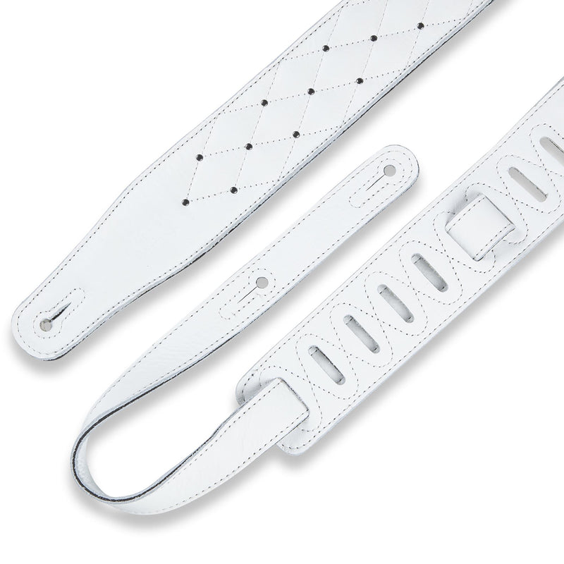 Levys 2 1/2 Inch Garment Leather Guitar Strap, Diamond Quilt White With Antique Black Riv
