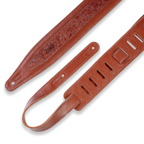 Levys 2 1/2 Inch Garment Leather Guitar Strap, Embossed Florentine Overlay Tan Garment