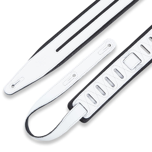 Levys 2 1/2 Inch Garment Leather Guitar Straps Double Racing Stripe Padded And Black With White