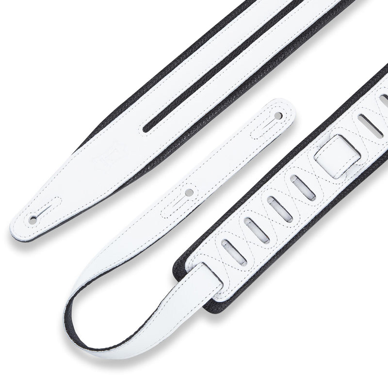Levys 2 1/2 Inch Garment Leather Guitar Straps Double Racing Stripe Padded And Black With White