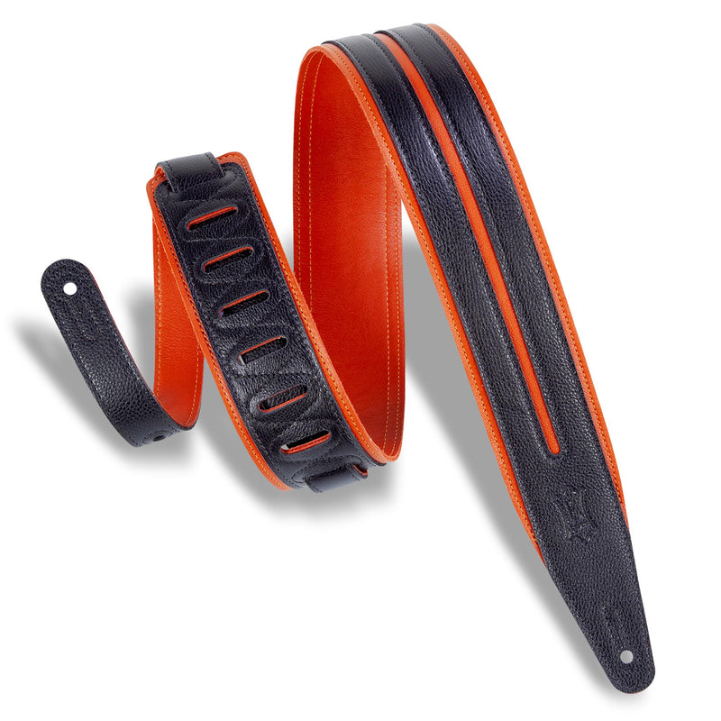 Levys 2 1/2 Inch Garment Leather Guitar Straps Double Racing Stripe Padded And Orange With Black