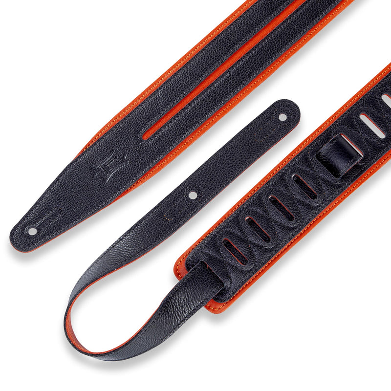 Levys 2 1/2 Inch Garment Leather Guitar Straps Double Racing Stripe Padded And Orange With Black