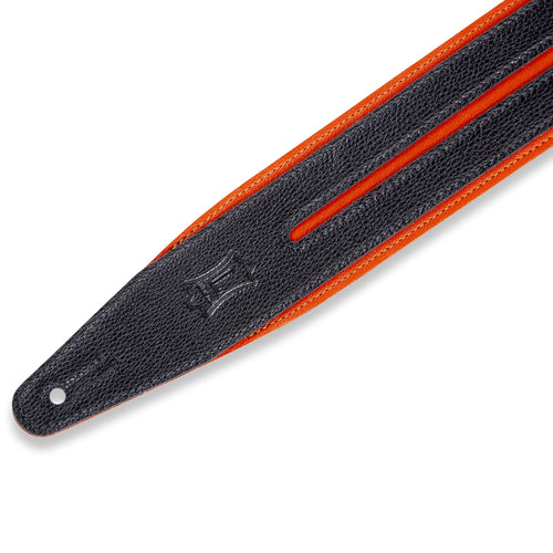Levys 2 1/2 Inch Garment Leather Guitar Straps Double Racing Stripe Padded And Orange With Black