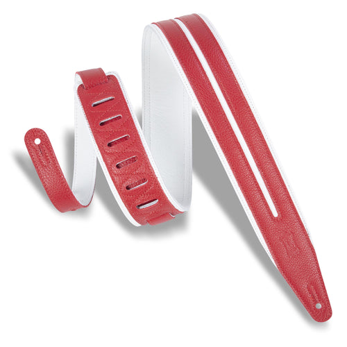 Levys 2 1/2 Inch Garment Leather Guitar Straps Double Racing Stripe Padded And White With Red